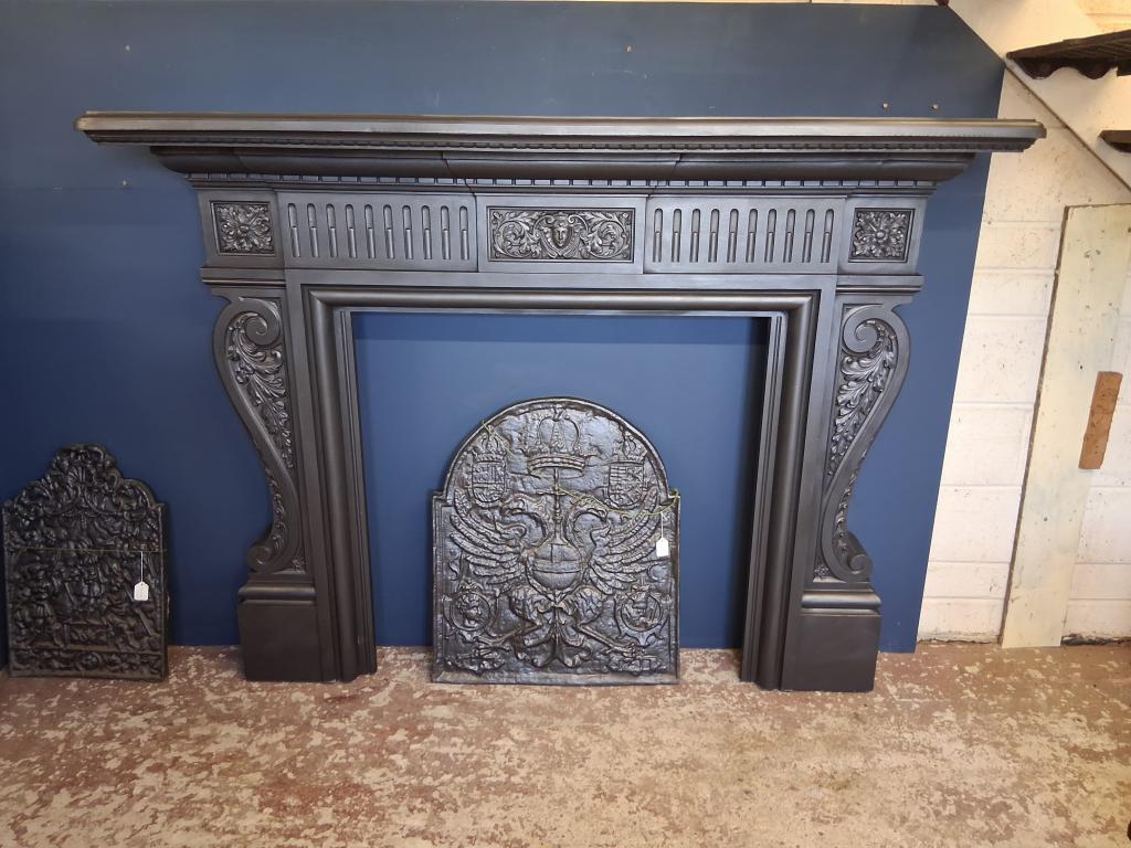 <p>Original Large Cast iron Fire Surround</p><p>160cm wide x 138cm high</p><p>Mantle shelf 183cm wide x 26cm deep</p><p>95cm x 95cm internally
